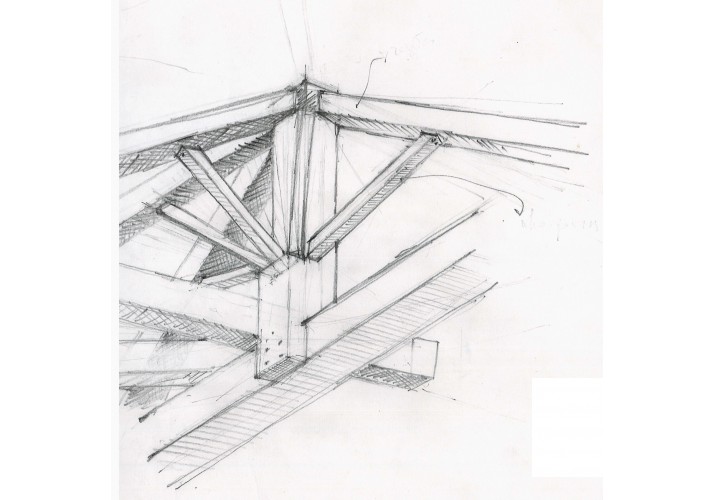 Διάταξη ξύλων στην περιοχή του τελευταίου ορθοστάτη (στενή πλευρά της στέγης)