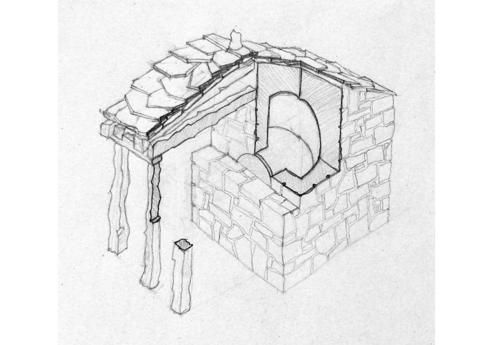 Αξονομετρική τομή σε σκίτσο φούρνου του παράσπιτου του Αρχοντικού Χαρίτου