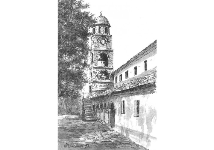 Η πρώτη εκκλησία του Αγίου Γεωργίου. Καταστράφηκε το 1951 από το μεγάλο σεισμό. Σκίτσο του Φ. Γκέσκου