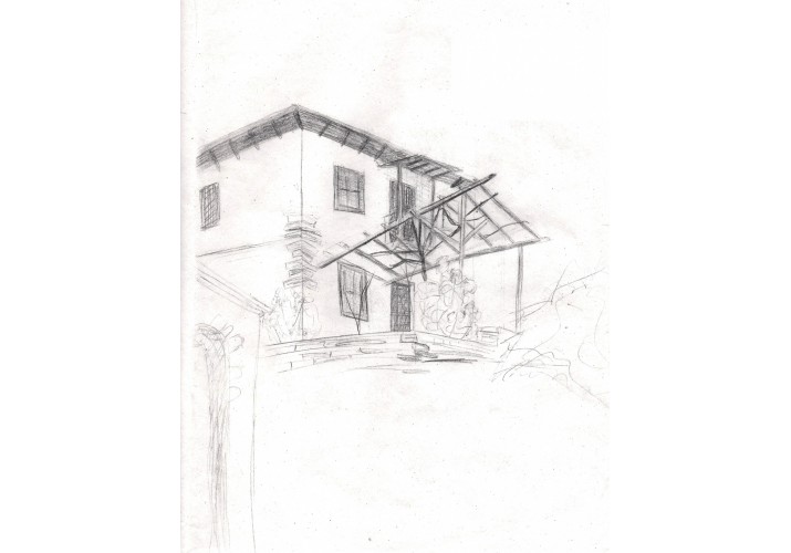Σκίτσο όπου απεικονίζεται η ιδιωτική αυλή κατοικίας