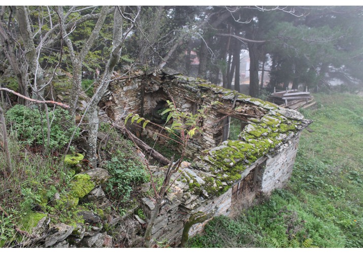 Ερείπιο όπου έχει καταρρεύσει η στέγη, ενώ φαίνονται τα παραδοσιακά κουφώματα