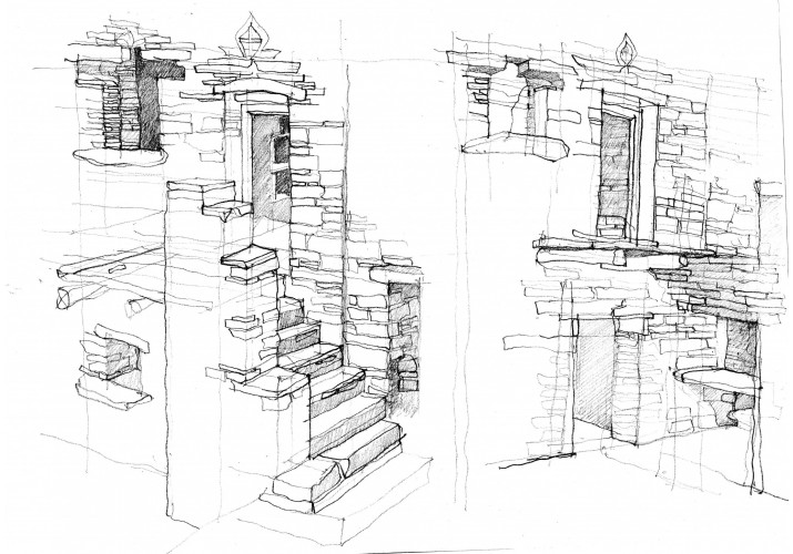 The stairs analyzed belong to the main agglomeration laying on the eastern side. The element lays on the separation line of two houses; the inconvenient access to the south building at the foot of the steps underlines its posteriority. The entire construction is made of the same materials of the dwellings. Remarkable the vane obtained in the in the lower part by the builders, bearing the stairs by means of two piedrits, and the bold sustain solution of the stone plate which is the access at the upper floor, carried by two wooden cantilever-wall beams.