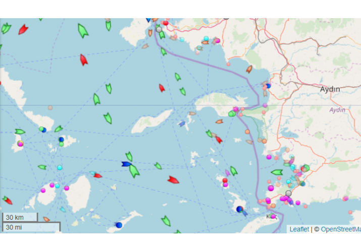 Χάρτης δρομολογούμενων πλοίων στο Αγαίο Πέλαγος (διακρίνονται τα δρομολογούμενα πλοία μεταξύ Αθήνας - Ικαρίας)
