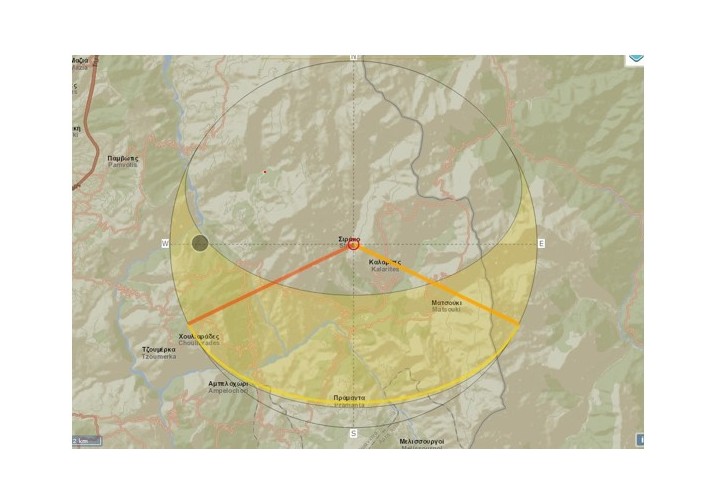 2.Εύρος ηλιασμού, έντονες γραμμές για τους χειμερινούς μήνες, για την τοποθεσία του Συρράκο. Πηγή Χάρτη: https://www.suncalc.org/#/39.5956,21.1149,12/2024.01.20/20:35/1/3
