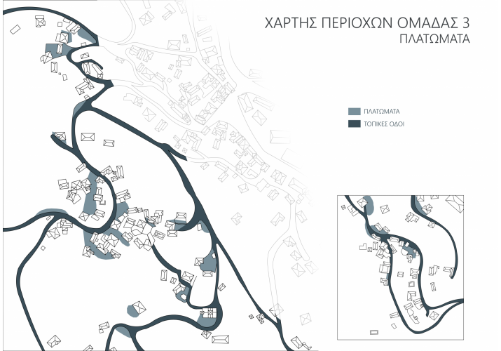 Χάρτης περιοχών ομάδας 3, έμφαση στον δημόσιο χώρο- πλατώματα και οδοί.