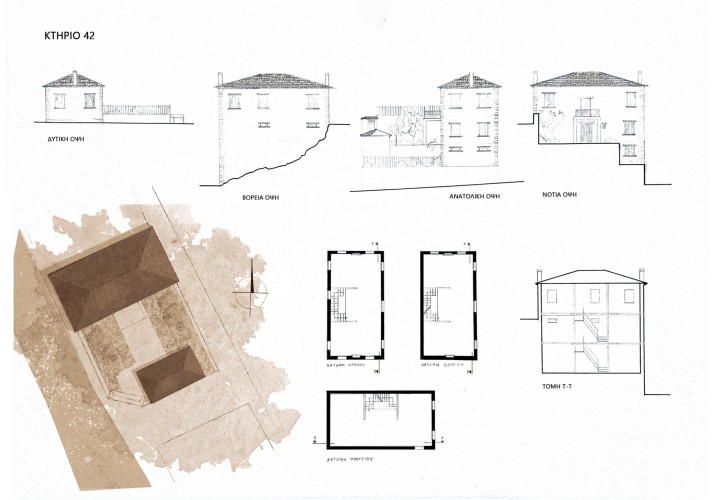 Σχέδια - Ανατολική, Δυτική, Βόρεια και Νότια Οψη, Κατόψεις τριών σταθμών της οικίας, Τομή και Κάτοψη Δώματος