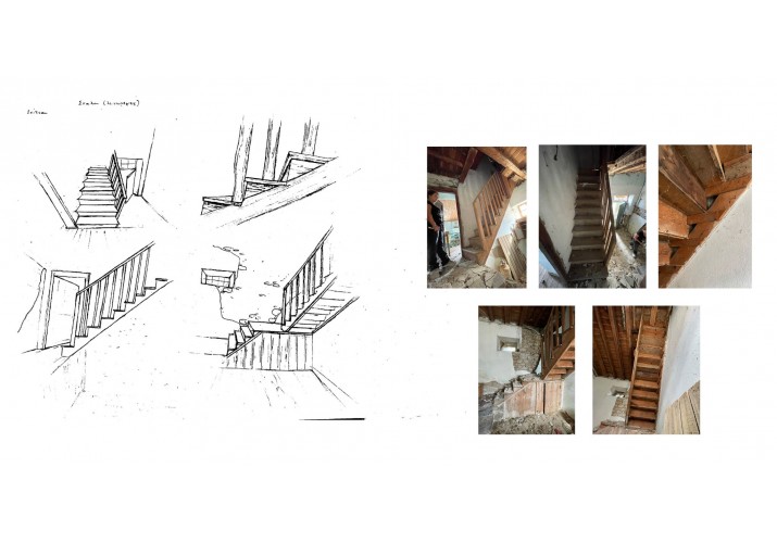 οι σκάλες ως επί το πλείστον ξύλινες οδηγούν στον όροφο αλλά και σε ημιορόφους. 
Οι σκάλες στηρίζονται στο ξύλινο πάτωμα του ορόφου και στον πλευρικό τοίχο - καρφωμένες.
Δυο ξύλινες δοκοί γεφυρώνουν το ύψος συνδεδεμένες στο μέσον για να εξασφαλίζεται η στατική επάρκεια. 
Κάτω από τις σκάλες ο χώρος αξιοποιημένος - αποθηκευτικός χώρος .
Η σκάλα απότομη και στενή για να προσαρμοστεί στις διαστάσεις του κτιρίου .  
