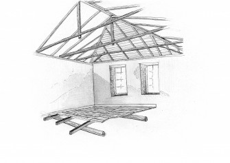 Προοπτική άποψη στέγης-παταριού. Το δομικό σύστημα της στέγης αποτελείται από μπαμπά-ελκυστήρα-αμείβοντες, καθώς δεν πρόκειται για υπερστατικό φορέα.