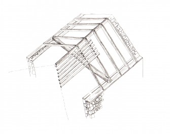 Αξονομετρικό σκίτσο στέγης (κτηρίο 1 απόδοση του δίριχτου τμήματος). Οι ελκυστήρες εδράζονται με την λογική της εντορμίας και κατά τα άλλα απουσιάζουν τα υπόλοιπα τμήματα των ζευκτών.