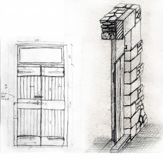 Όψη και αξονομετρική τομή ξύλινης πόρτας με φεγγίτη