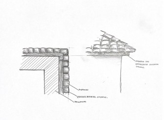 Άνοψη οριζόντιας τομής και όψη γείσου. Τοποθέτηση της ξύλινης κατασκευής της οροφής με κεραμίδια πάνω στους τοίχους. 